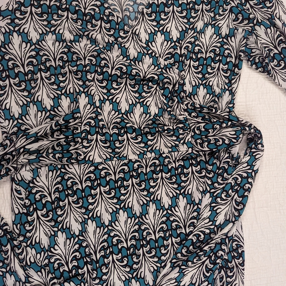 Wrap Dress (Faux) Stretch Elbow Sleeve Print Blue/Green Pullover M - Picture 12 of 14